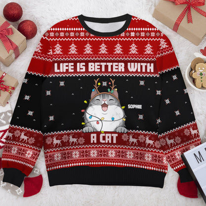 Life Is Better With Cats Ugly Sweater, Personalized Custom Unisex Ugly Christmas Sweatshirt, Wool Sweatshirt, All-Over-Print Sweatshirt, Gift For Cat Lovers, Christmas Gift