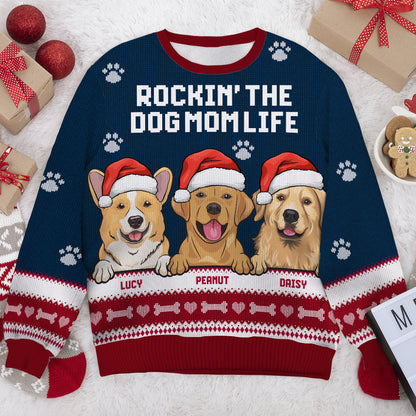Rockin' The Dog Mom Life Ugly Sweater - Personalized Custom Unisex Ugly Christmas Sweatshirt, Wool Sweatshirt, All-Over-Print Sweatshirt - Gift For Dog Lovers, Pet Lovers, Christmas Gift