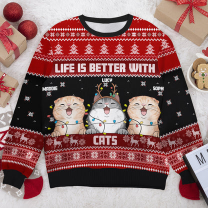 Life Is Better With Cats Ugly Sweater, Personalized Custom Unisex Ugly Christmas Sweatshirt, Wool Sweatshirt, All-Over-Print Sweatshirt, Gift For Cat Lovers, Christmas Gift