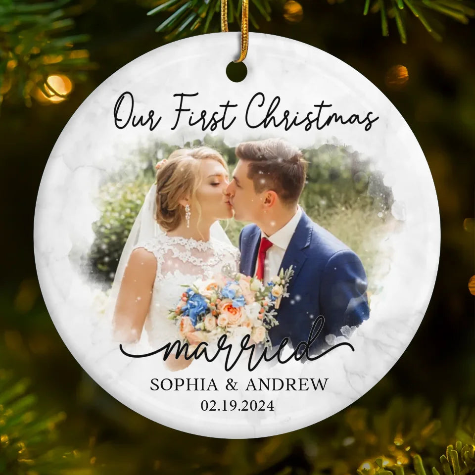 Custom Photo Our First Year Together - Couple Personalized Custom Ornament - Ceramic Round Shaped - Christmas Gift For Husband Wife, Anniversary, First Christmas