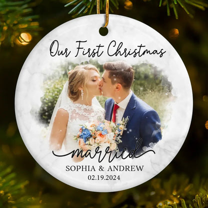 Custom Photo Our First Year Together - Couple Personalized Custom Ornament - Ceramic Round Shaped - Christmas Gift For Husband Wife, Anniversary, First Christmas