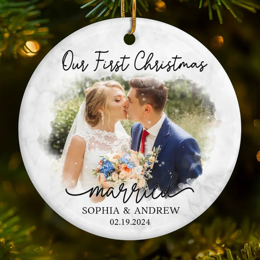 Custom Photo Our First Year Together - Couple Personalized Custom Ornament - Ceramic Round Shaped - Christmas Gift For Husband Wife, Anniversary, First Christmas