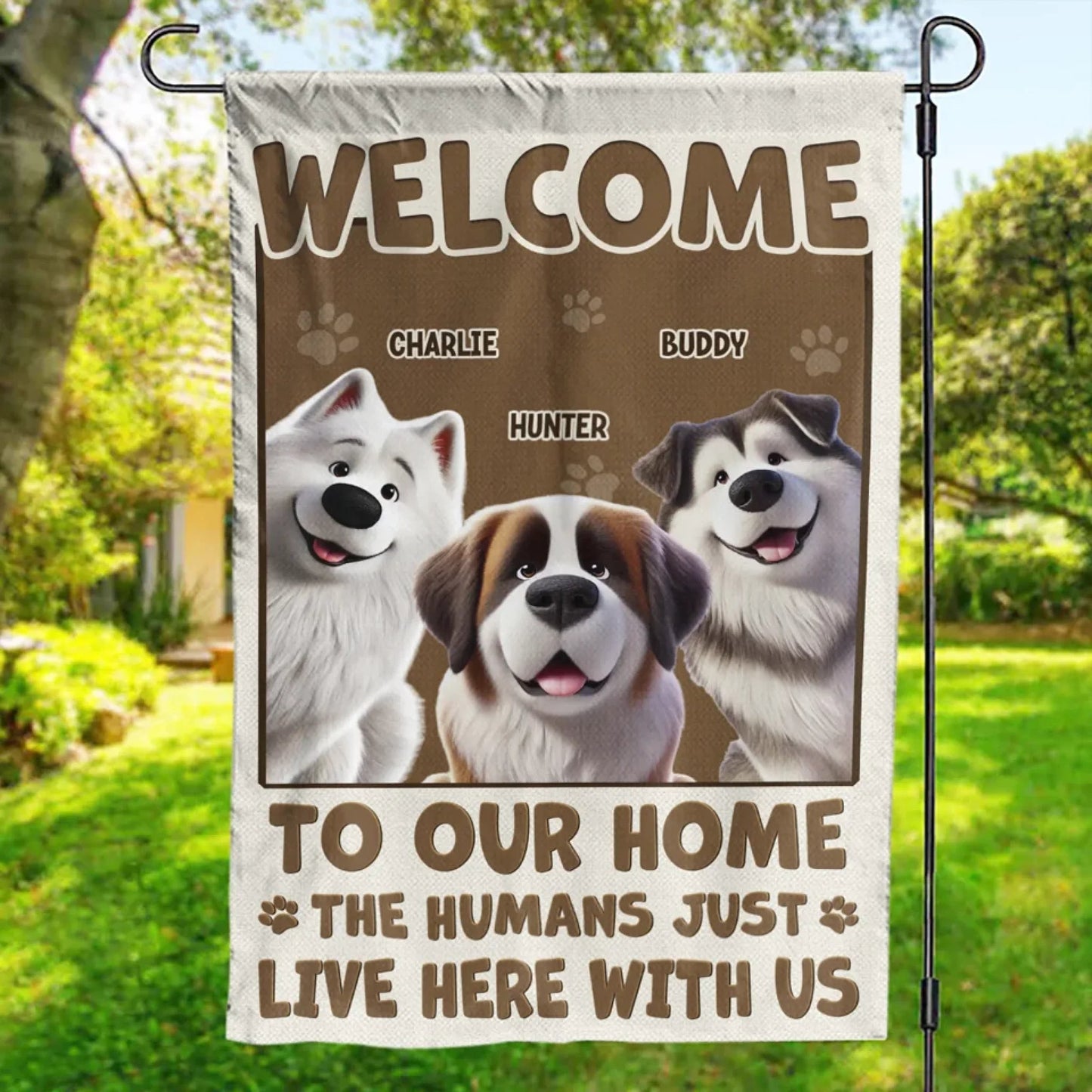 My Human Just Lives Here Dog & Cat Personalized Custom Garden Flag Gift For Pet Owner, Pet Lover