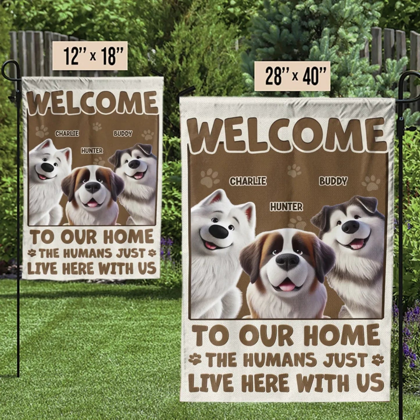 My Human Just Lives Here Dog & Cat Personalized Custom Garden Flag Gift For Pet Owner, Pet Lover