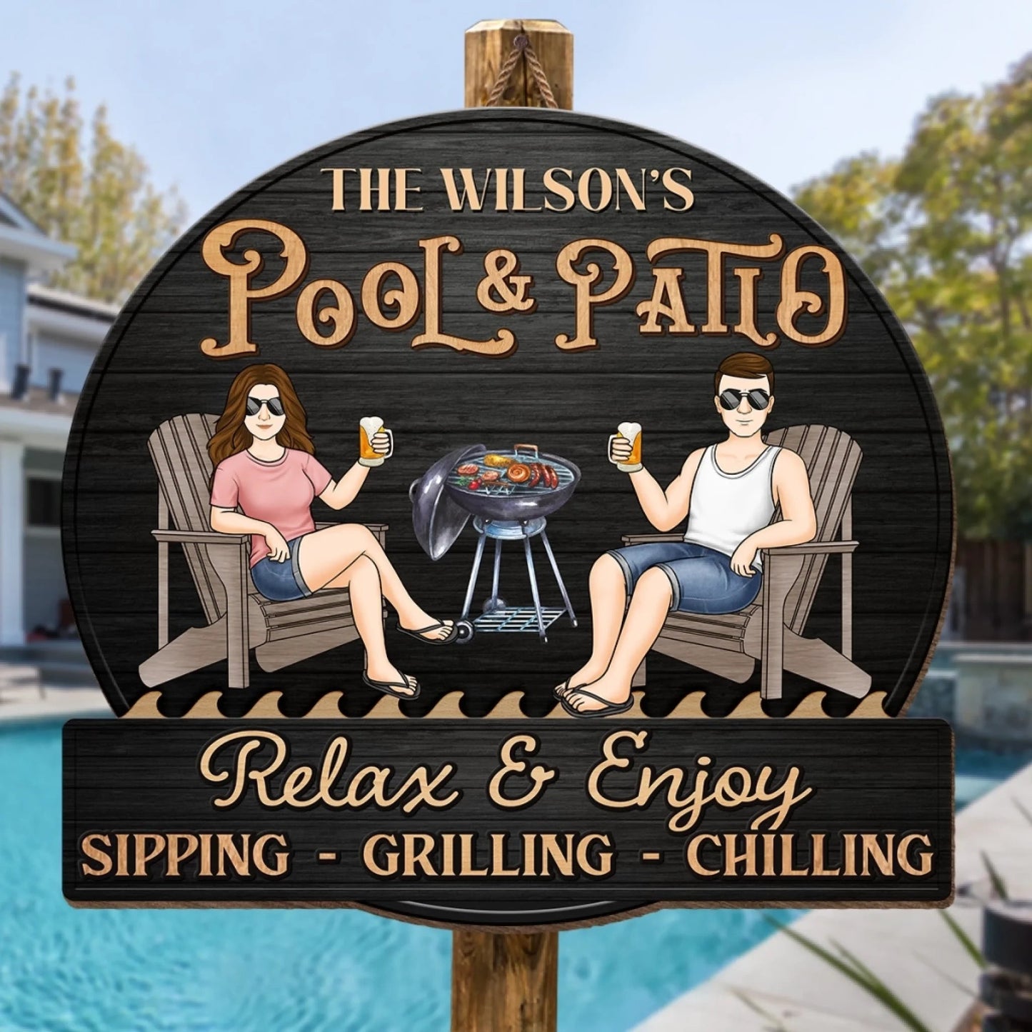 Custom Home Decor Wood Sign - Personalized Anniversary Wedding Gifts For Husband And Wife, Him And Her - Just A Couple, Pool & Patio Sipping Chilling