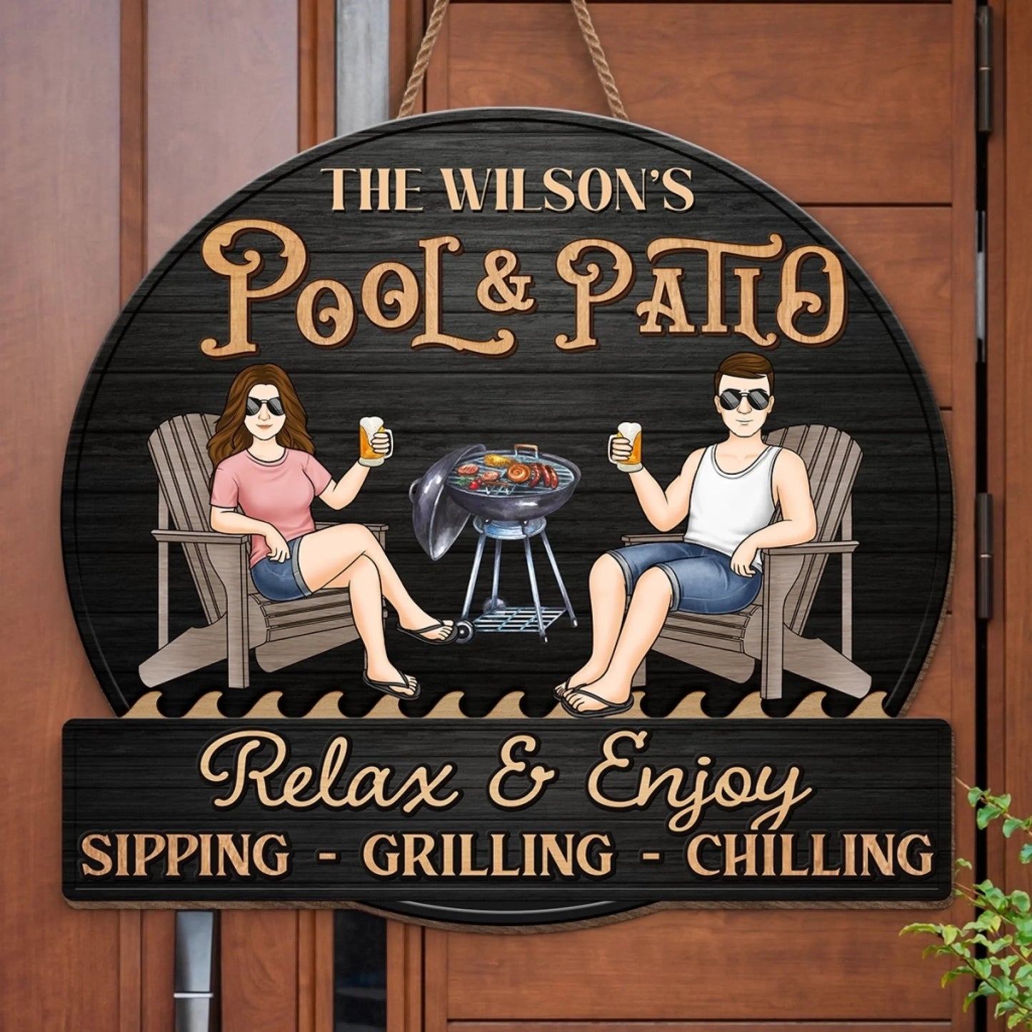 Custom Home Decor Wood Sign - Personalized Anniversary Wedding Gifts For Husband And Wife, Him And Her - Just A Couple, Pool & Patio Sipping Chilling
