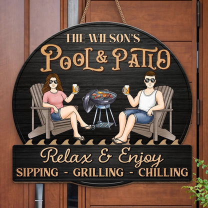 Custom Home Decor Wood Sign - Personalized Anniversary Wedding Gifts For Husband And Wife, Him And Her - Just A Couple, Pool & Patio Sipping Chilling