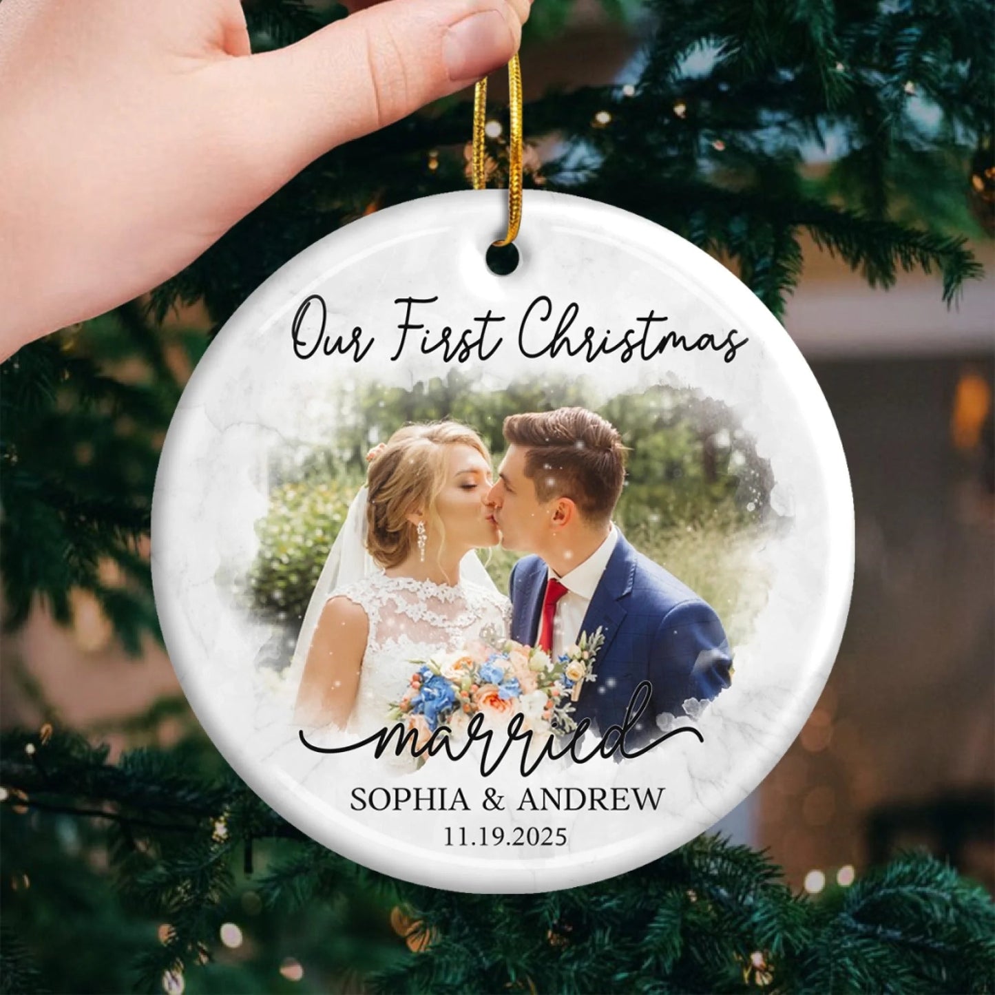 Custom Photo Our First Year Together - Couple Personalized Custom Ornament - Ceramic Round Shaped - Christmas Gift For Husband Wife, Anniversary, First Christmas
