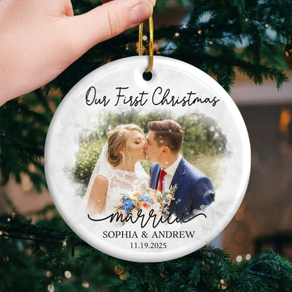 Custom Photo Our First Year Together - Couple Personalized Custom Ornament - Ceramic Round Shaped - Christmas Gift For Husband Wife, Anniversary, First Christmas