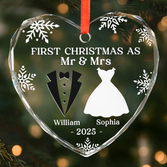 Custom Heart, Round Glass Ornament - Personalized Anniversary Christmas Wedding Gifts For Husband And Wife, Him And Her - Our First Christmas As Mr & Mrs