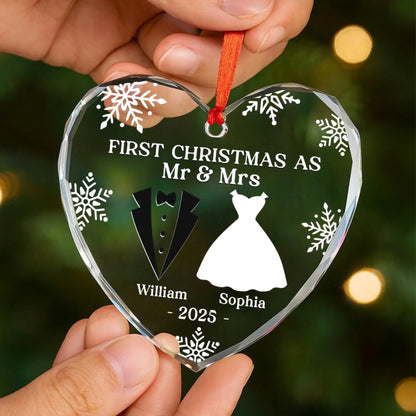 Custom Heart, Round Glass Ornament - Personalized Anniversary Christmas Wedding Gifts For Husband And Wife, Him And Her - Our First Christmas As Mr & Mrs