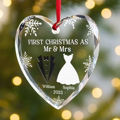 Custom Heart, Round Glass Ornament - Personalized Anniversary Christmas Wedding Gifts For Husband And Wife, Him And Her - Our First Christmas As Mr & Mrs