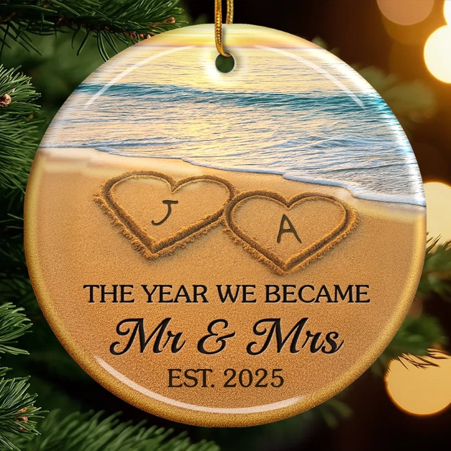 Custom Ceramic Ornament - Personalized Anniversary Christmas Wedding Gifts For Husband And Wife, Him And Her - Our Happily Ever After, Set In Sand