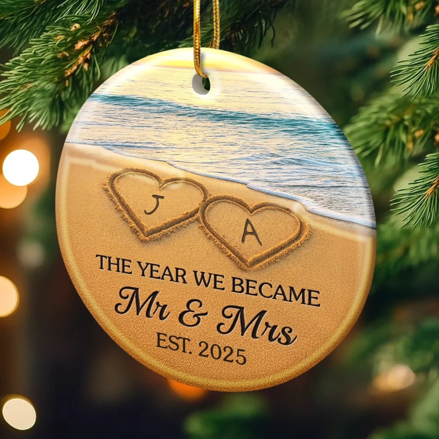 Custom Ceramic Ornament - Personalized Anniversary Christmas Wedding Gifts For Husband And Wife, Him And Her - Our Happily Ever After, Set In Sand