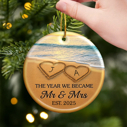 Custom Ceramic Ornament - Personalized Anniversary Christmas Wedding Gifts For Husband And Wife, Him And Her - Our Happily Ever After, Set In Sand