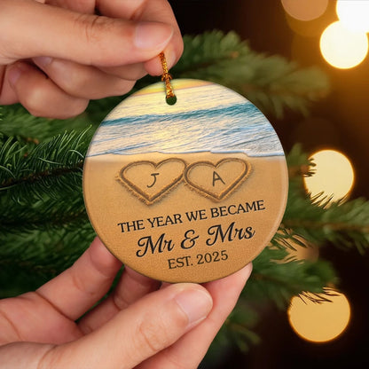 Custom Ceramic Ornament - Personalized Anniversary Christmas Wedding Gifts For Husband And Wife, Him And Her - Our Happily Ever After, Set In Sand