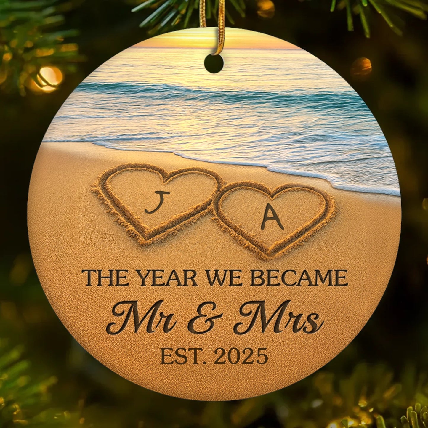 Custom Ceramic Ornament - Personalized Anniversary Christmas Wedding Gifts For Husband And Wife, Him And Her - Our Happily Ever After, Set In Sand