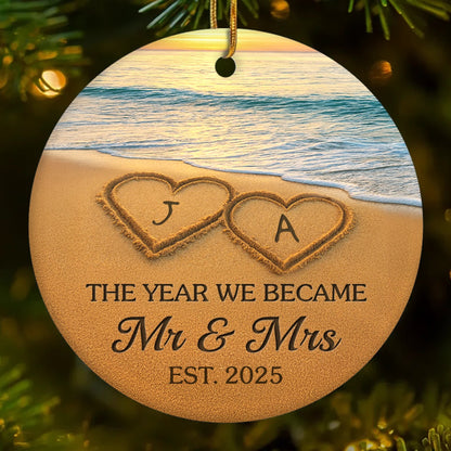 Custom Ceramic Ornament - Personalized Anniversary Christmas Wedding Gifts For Husband And Wife, Him And Her - Our Happily Ever After, Set In Sand