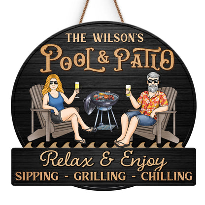 Custom Home Decor Wood Sign - Personalized Anniversary Wedding Gifts For Husband And Wife, Him And Her - Just A Couple, Pool & Patio Sipping Chilling