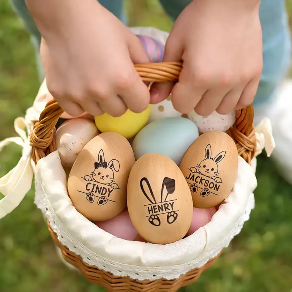 Adorable Bunny With Name - Personalized Musical Wooden Easter Egg Shaker