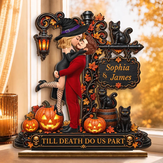 Custom 2-Layered Wooden Plaque - Personalized Halloween Anniversary Wedding Gifts For Gifts For Husband And Wife, Him And Her - Love Never Gets Spooky