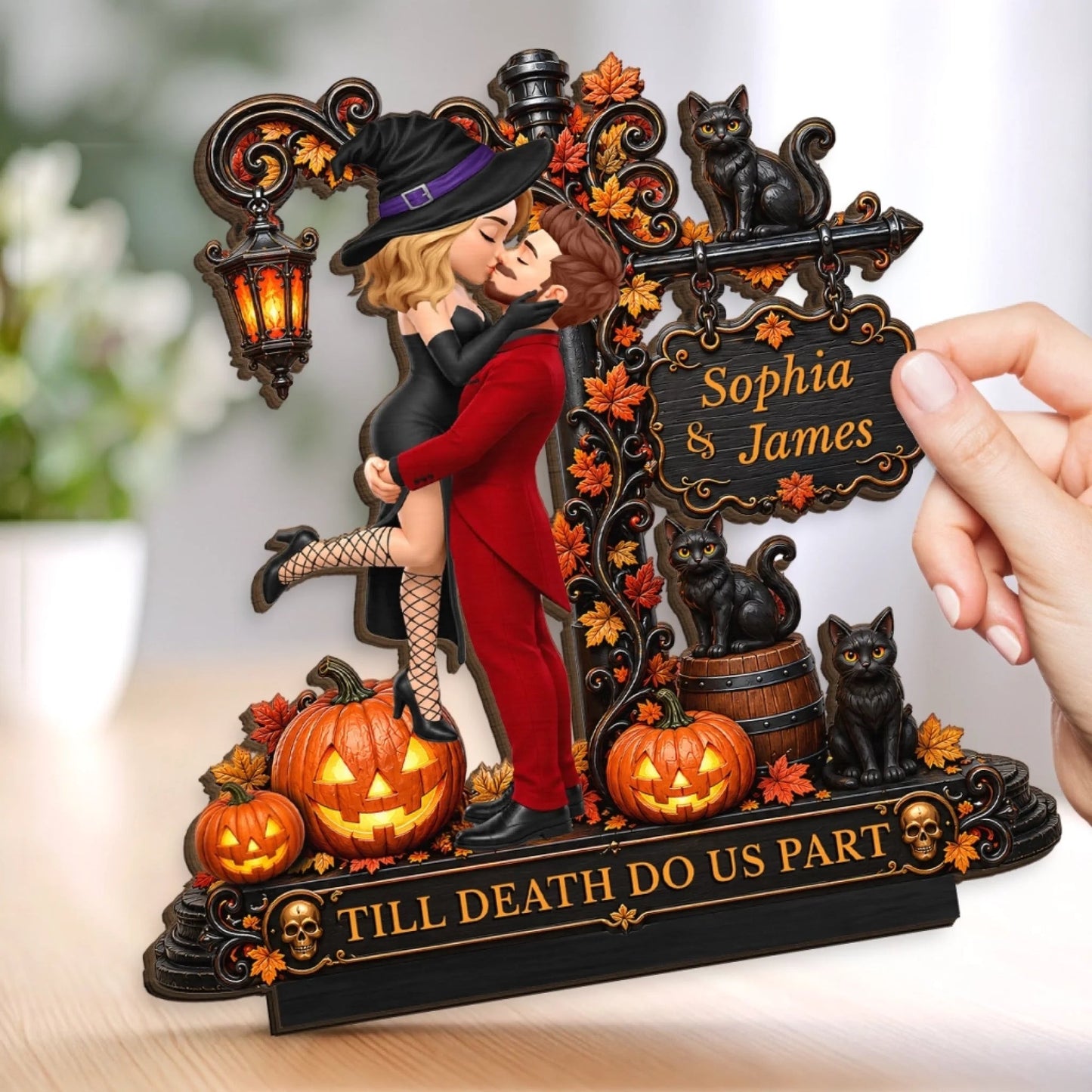 Custom 2-Layered Wooden Plaque - Personalized Halloween Anniversary Wedding Gifts For Gifts For Husband And Wife, Him And Her - Love Never Gets Spooky