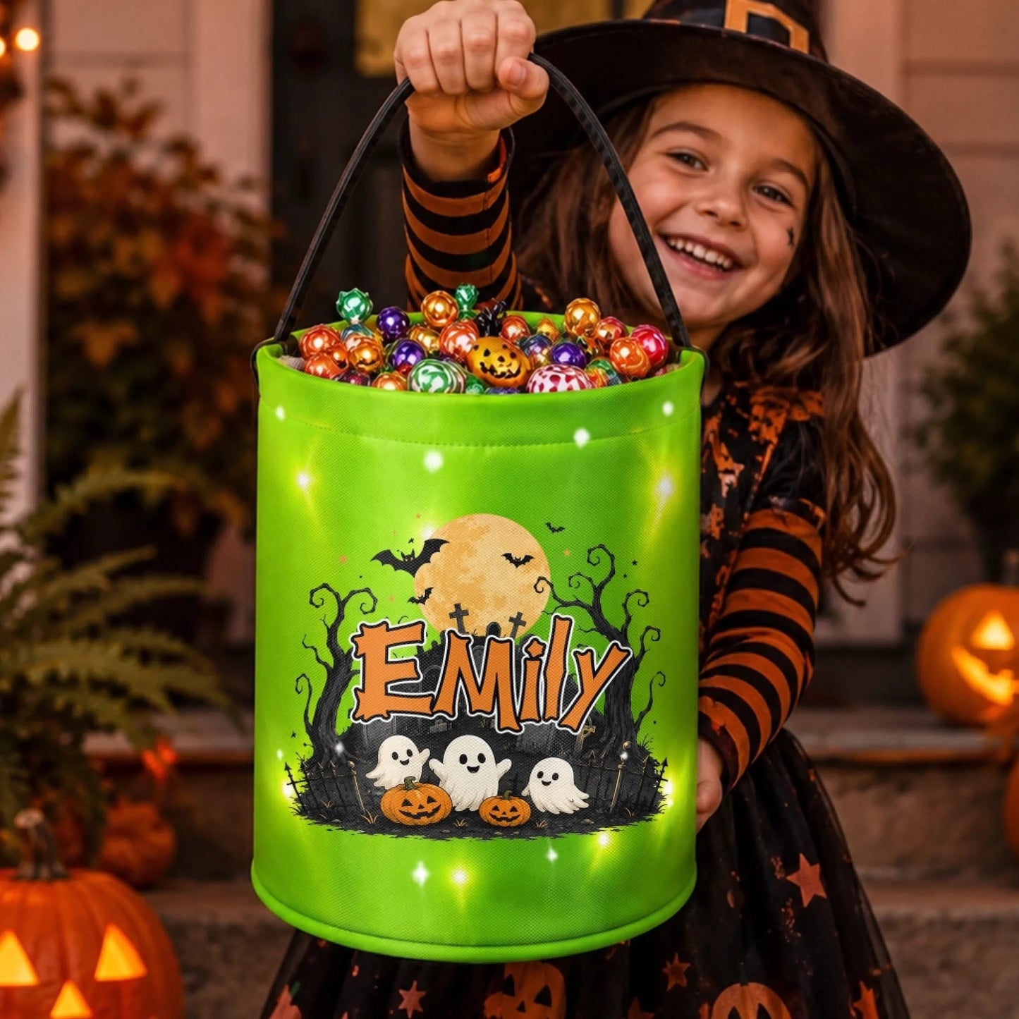 Custom LED Light Bucket Bag - Personalized Halloween Birthday Gifts For Kids - Tiny Trickster