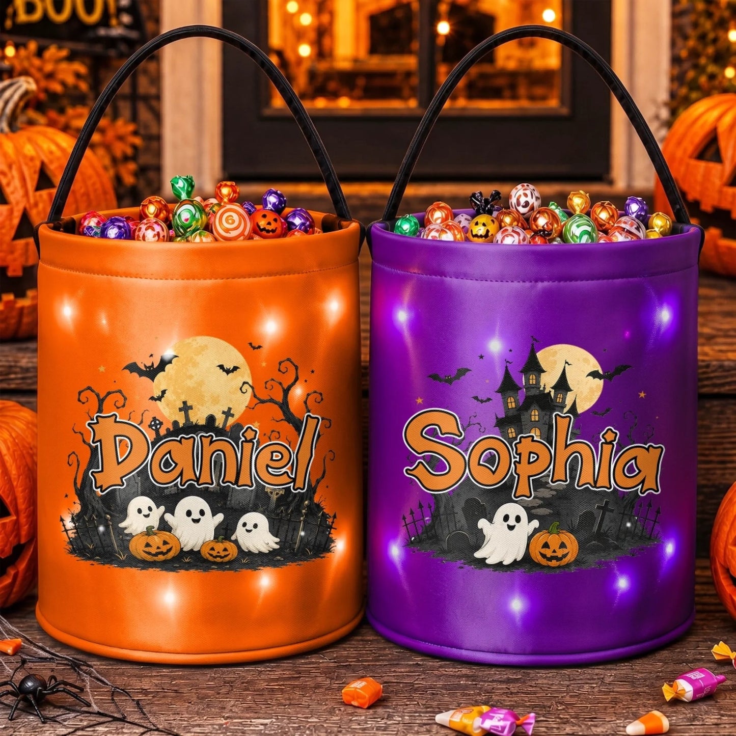 Custom LED Light Bucket Bag - Personalized Halloween Birthday Gifts For Kids - Tiny Trickster