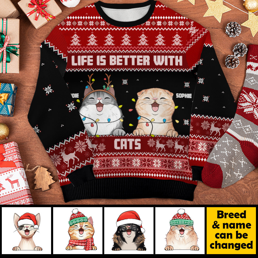 Life Is Better With Cats Ugly Sweater, Personalized Custom Unisex Ugly Christmas Sweatshirt, Wool Sweatshirt, All-Over-Print Sweatshirt, Gift For Cat Lovers, Christmas Gift