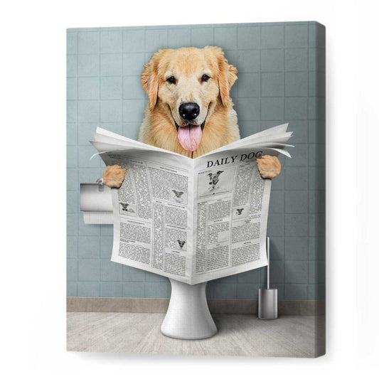 Dog Read Newspaper in Toilet Portrait Canvas, Personalized Pet Portrait, Funny Pet Portrait, Pet Customization, Kids Bathroom Wall Art