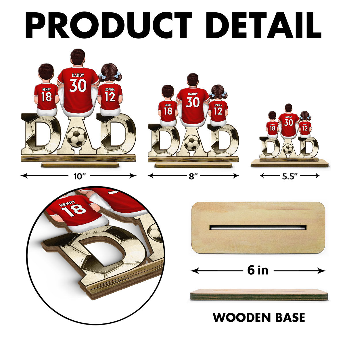 Soccer Dad And Kids Back View Personalized Standing Wooden Plaque, Father's Day Gift for Husband, Gift for Dad