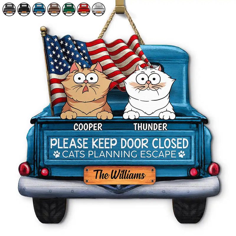 Cats Planning Escape Truck - Personalized Custom Shaped Wood Sign, 4th of July Decor, Gift for Cat Lover