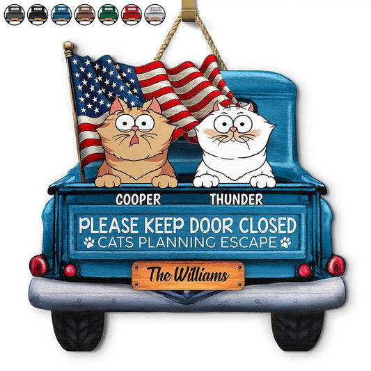 Cats Planning Escape Truck - Personalized Custom Shaped Wood Sign, 4th of July Decor, Gift for Cat Lover