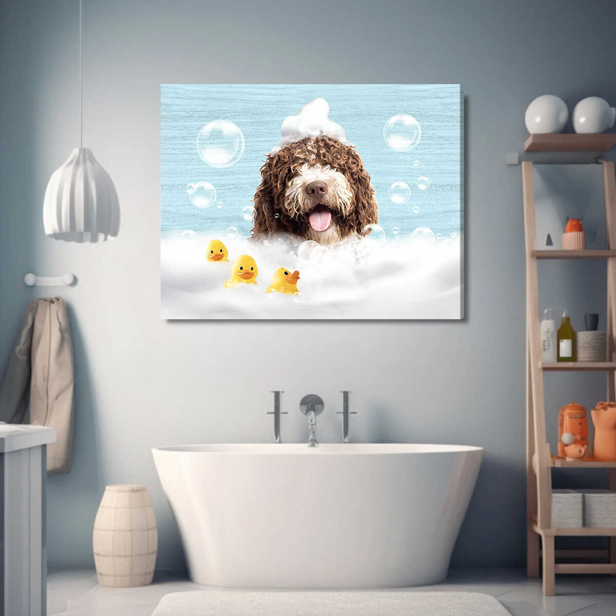 Pet in Bubble Bath, Funny Guest Bathroom Wrapped Canvas, Personalized Bathroom Gifts, Kids Bathroom Wall Art, Custom Pet Portrait