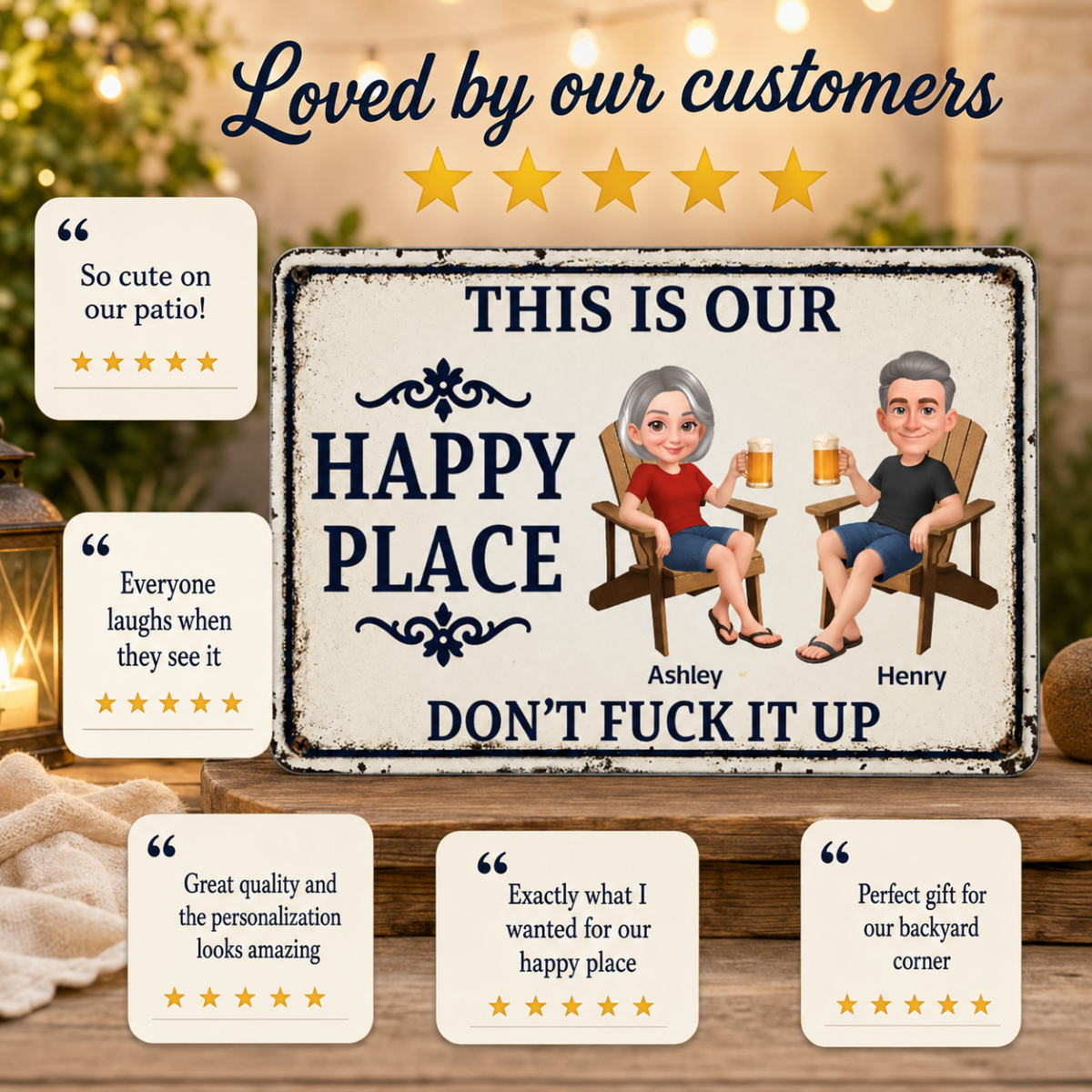 Couple Anniversary This Is Our Happy Place - Personalized Metal Sign - Funny Sarcasm Decoration For Patio, Garden, Farmhouse Porch, Man Cave, Garage