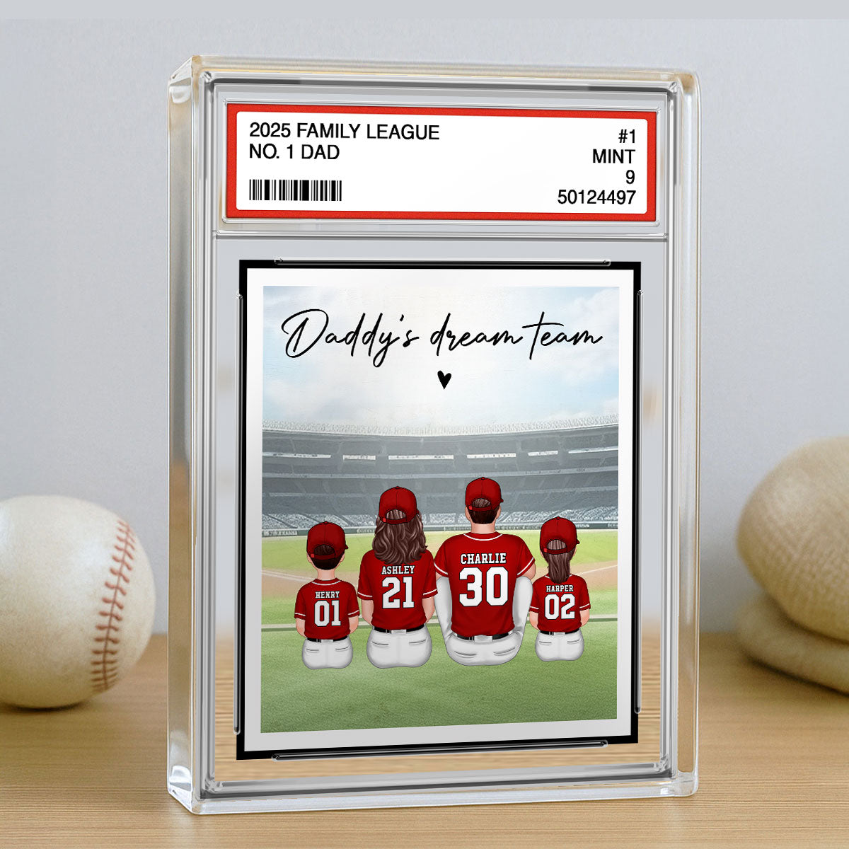Baseball No. 1 Dad Man & Kids Sitting Trading Card Style, Personalized Acrylic Block Plaque, Father's Day Gift