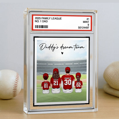 Baseball No. 1 Dad Man & Kids Sitting Trading Card Style, Personalized Acrylic Block Plaque, Father's Day Gift