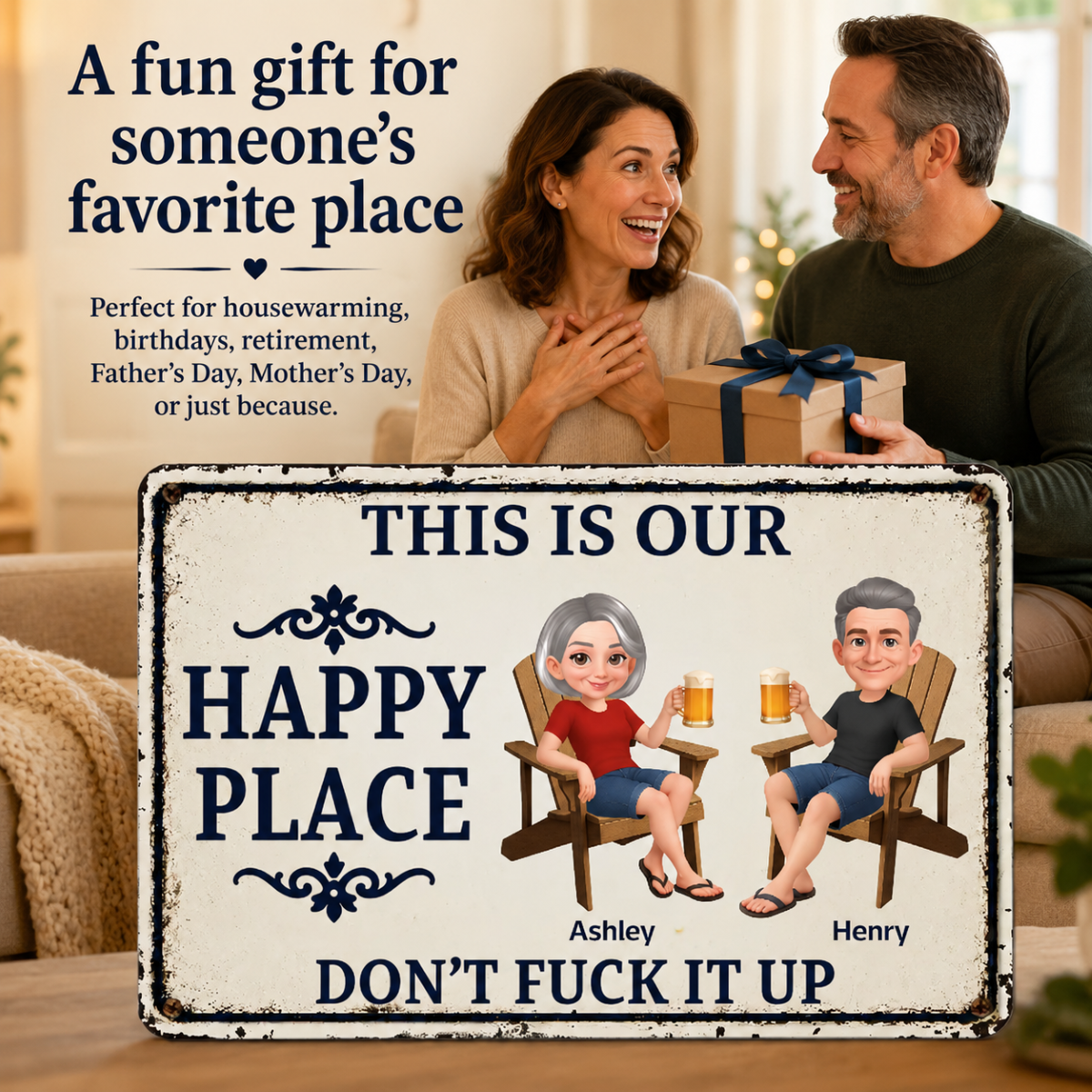Couple Anniversary This Is Our Happy Place - Personalized Metal Sign - Funny Sarcasm Decoration For Patio, Garden, Farmhouse Porch, Man Cave, Garage
