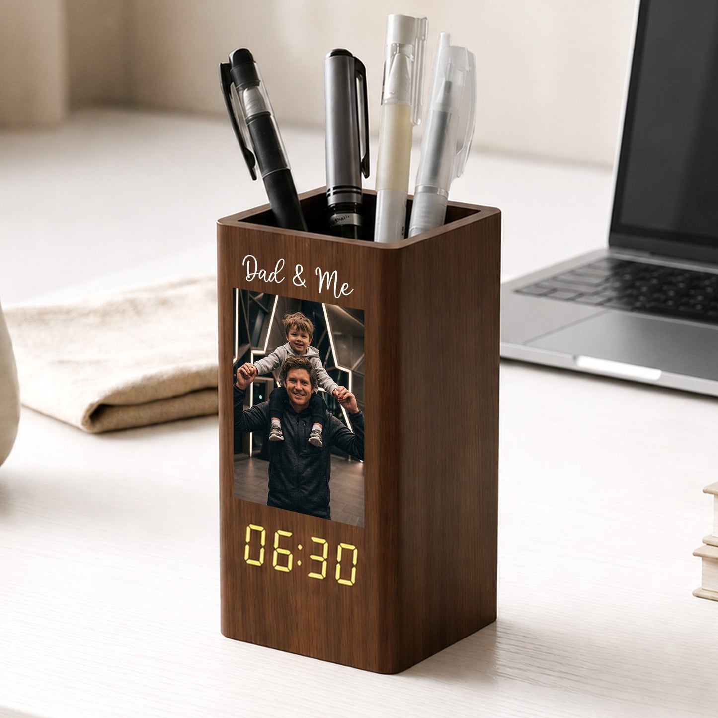 [Enter code: FREE SHIPPING at check out] Dad & Me - Personalized Pen Holder With Clock, Father's Day Gifts for Dad, Grandpa