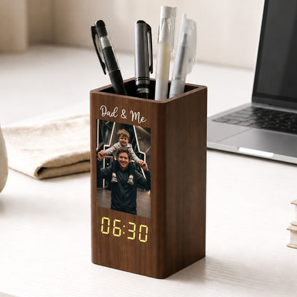 [Enter code: FREE SHIPPING at check out] Dad & Me - Personalized Pen Holder With Clock, Father's Day Gifts for Dad, Grandpa