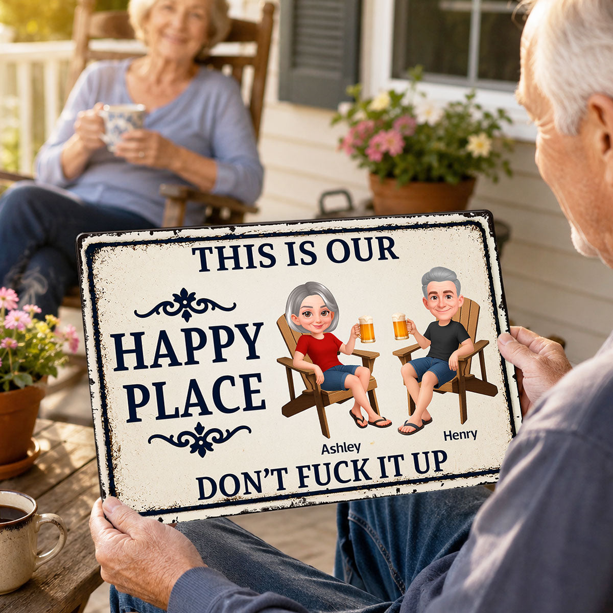 Couple Anniversary This Is Our Happy Place - Personalized Metal Sign - Funny Sarcasm Decoration For Patio, Garden, Farmhouse Porch, Man Cave, Garage