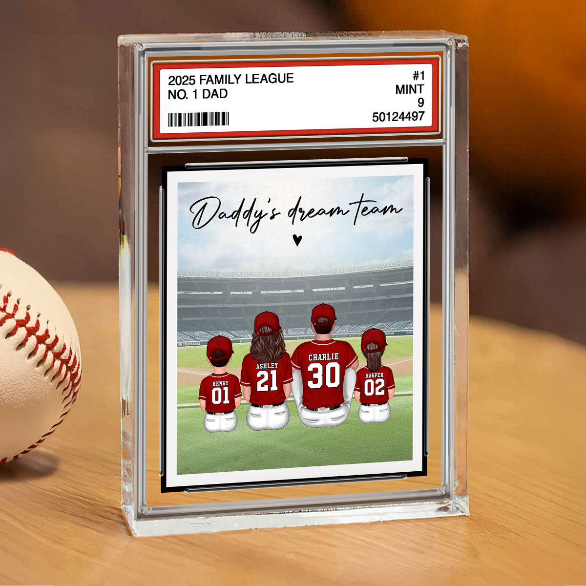 Baseball No. 1 Dad Man & Kids Sitting Trading Card Style, Personalized Acrylic Block Plaque, Father's Day Gift