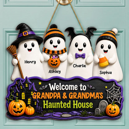 Halloween Welcome To Grandma Grandpa Haunted House Cute Boo Kids - Personalized Wood Sign - Halloween Decoration For Grandparents