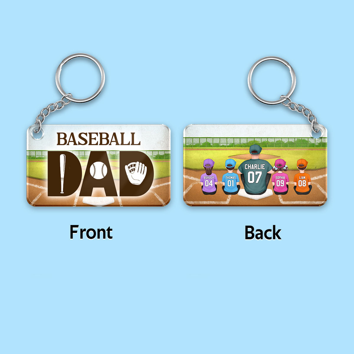 Baseball Dad And Kids Back View Personalized Acrylic Keychain