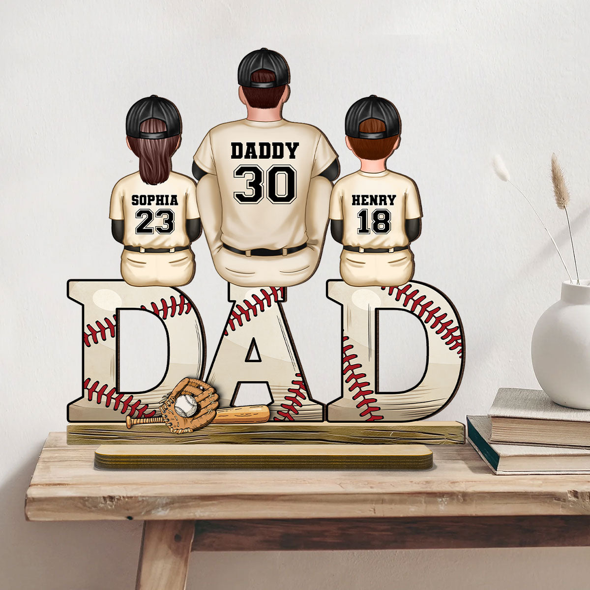 Baseball Dad Family Sitting Back View Personalized Standing Wooden Plaque, Father's Day Gift for Dad, for Grandpa, for Husband
