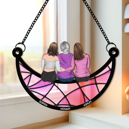 Mother & Daughter On The Moon - Personalized Window Hanging Suncatcher Ornament - Gift For Mom