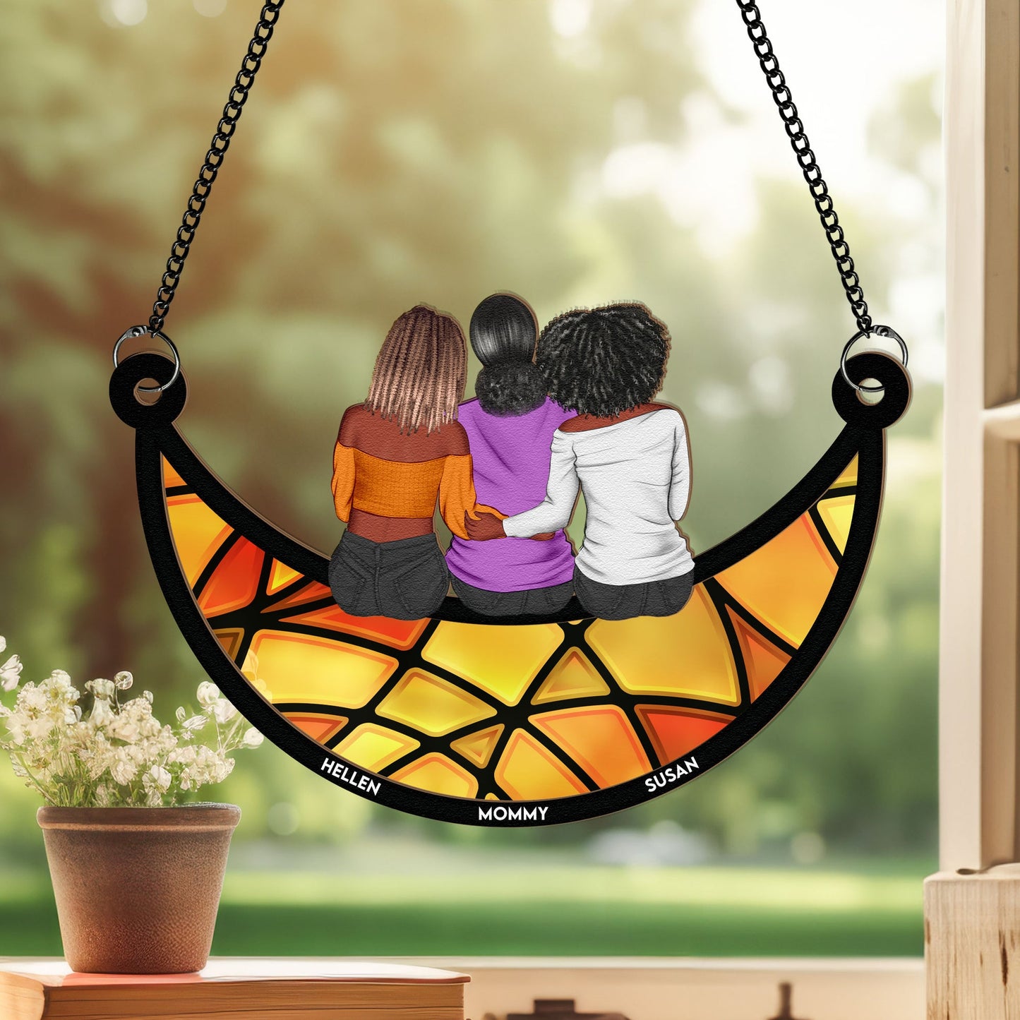 Mother & Daughter On The Moon - Personalized Window Hanging Suncatcher Ornament - Gift For Mom