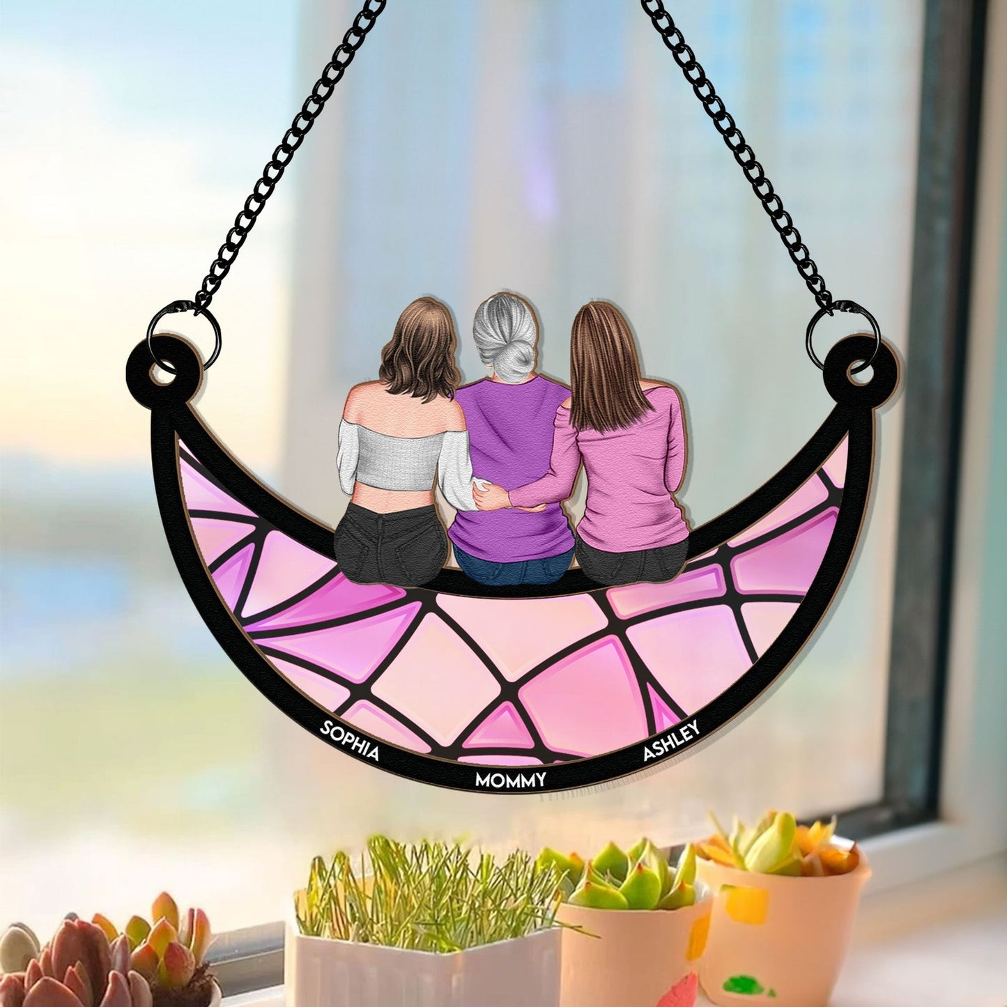 Mother & Daughter On The Moon - Personalized Window Hanging Suncatcher Ornament - Gift For Mom