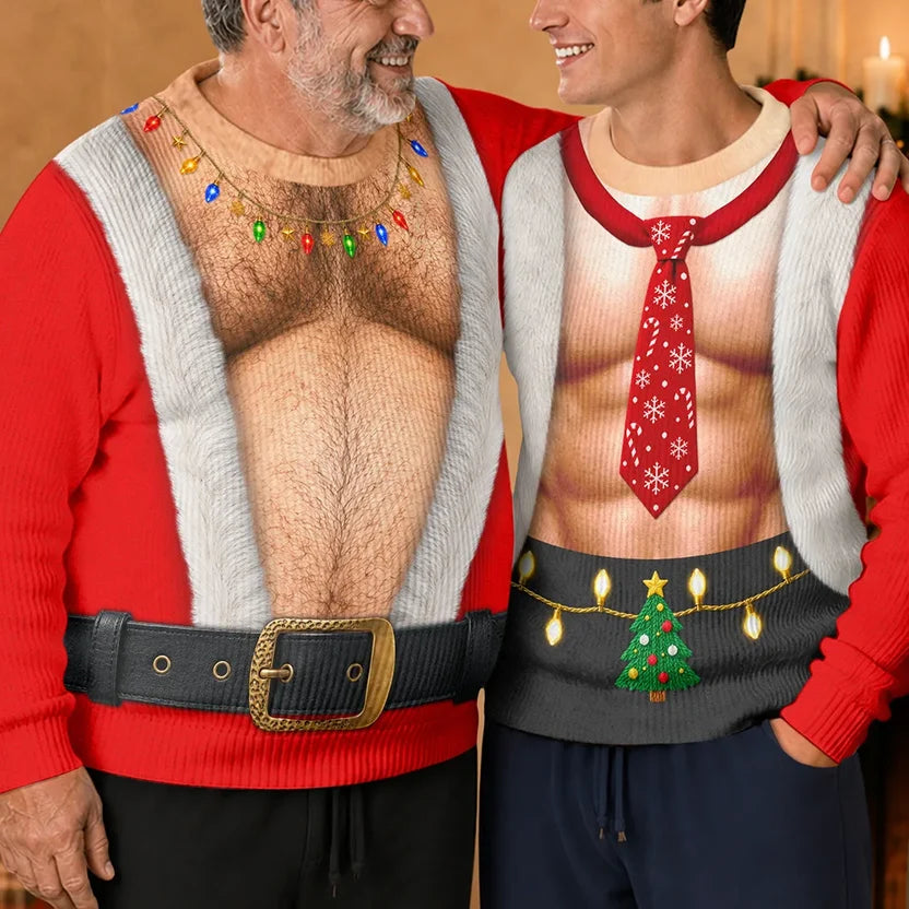 Funny Santa Abs Belly Body For Husband Dad Grandpa - Personalized Unisex Ugly Sweater