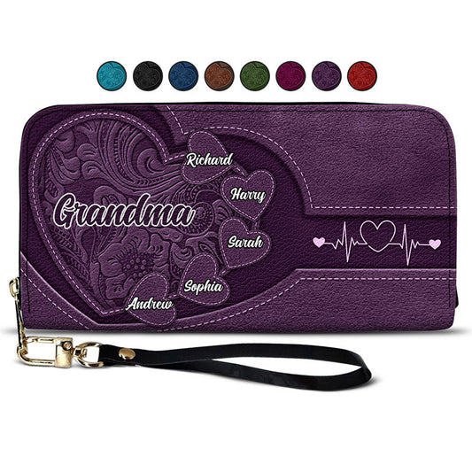 Grandma's Little Sweethearts - Personalized Leather Long Wallet, Mother's Day Gift for Grandma & Mom